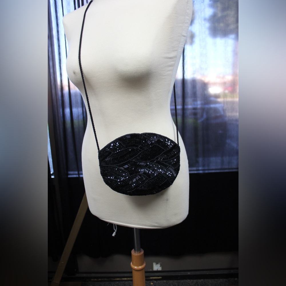 Vintage Black Beaded Evening Party Shoulder Bag - Slight Flaw with Zipper